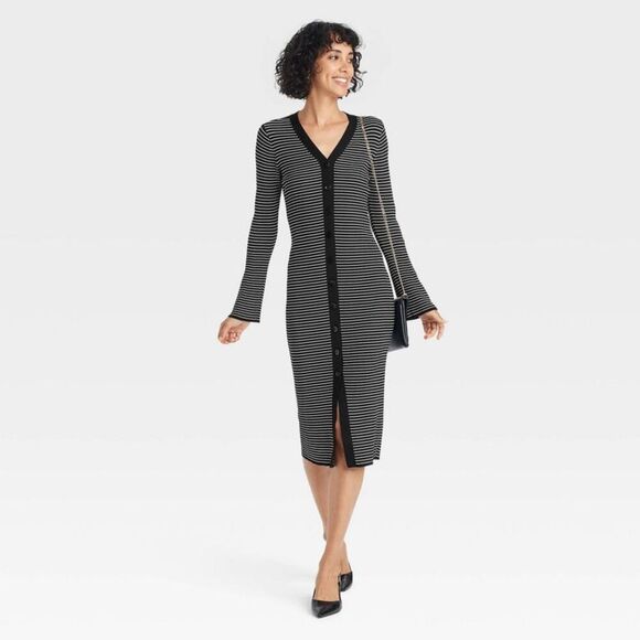 A New Day - Women's Bell Long Sleeve Midi Sweater Dress - A Ne Black - Picture 3 of 4